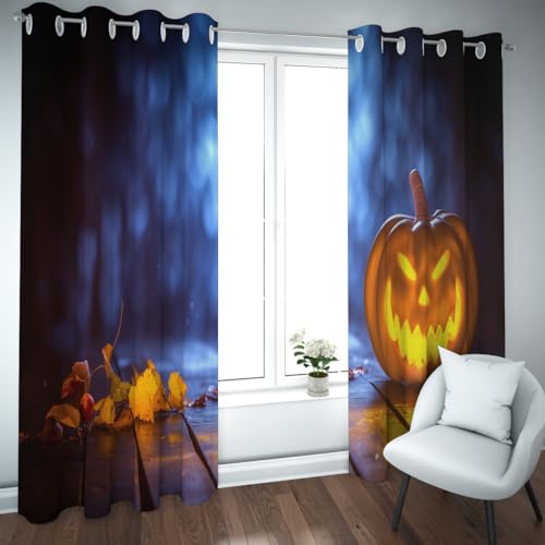 Halloween Horror Nights Blackout Curtains Pumpkin Lanterns Falling Leaves Soft Window Treatments for Bedroom Kitchen Room Divider Curtains W52xL63in 2 Panels