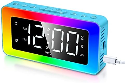 Alarm Clock for Kids, Umedo Digital Alarm Clock with 8 Mode RGB Night Light, Mirrored Clock with Dual Alarm, Weekday/Weekend, USB Port, White Noise Sleep Helper, Dimmer, Volume Adjustable - Light Blue