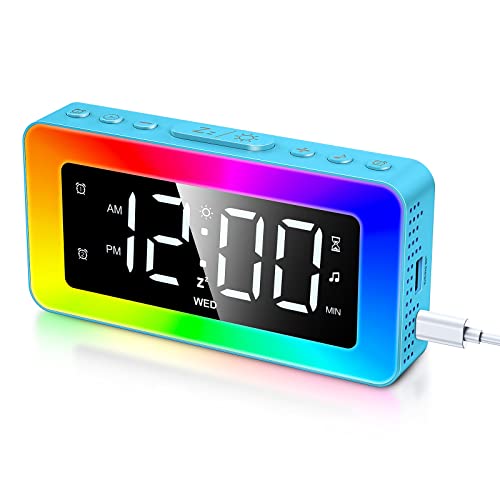 Alarm Clock For Kids, Umedo Digital Alarm Clock With 8 Mode Rgb Night Light, Mirrored Clock With Dual Alarm, Weekday/Weekend, Usb Port, White Noise Sleep Helper, Dimmer, Volume Adjustable - Light Blue #TOP16