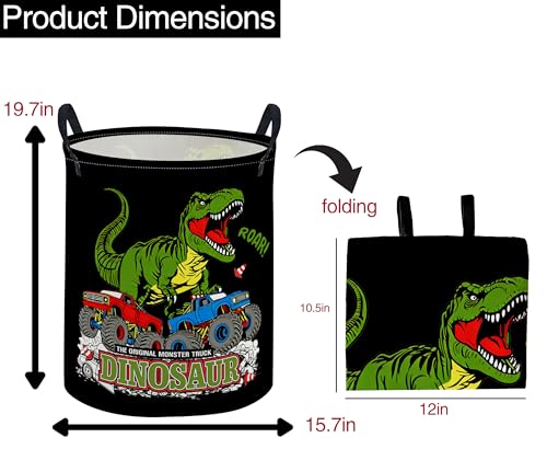 Image of ESSME Kids Laundry Basket,Dinosaur Hamper Collapsible Canvas Waterproof Storage Bin for Boys, Cute Hamper,Gift Baskets(Black Dinosaur)