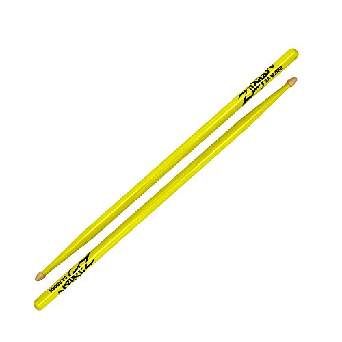 Popular 5A Acorn model drumsticks in a selection of new multi-layer neon color finishes. Colors available include neon yellow, green and pink. These super vibrant color finishes also glow under black lights.