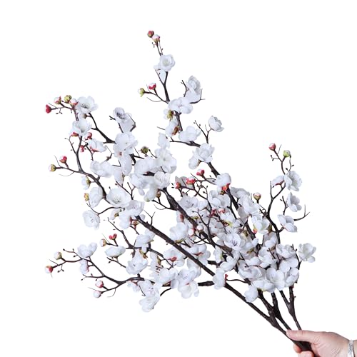 cn-Knight 3 Ramas Artificiales de Cerezo, Flor de Ciruelo de Seda de Tallo Largo de 37 Pulgadas con brotes, Albaricoque japonés Realista para decoración del hogar, Centro de Mesa, Ramo de Boda, Color