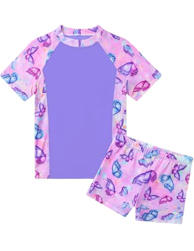Image of Girls Swimsuit Colorful Short Sleeve Bathing Suits UPF 50+ Rash Guard Set Two Piece Summer Swimwear