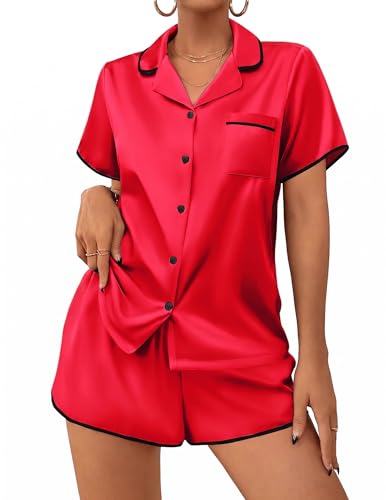 Image of Ekouaer Womens Satin Pajamas Set 2 piece Silky Buttton Down Short Pjs | Silk Notch Collar Top and Soft Shorts Lounge Set for Sleep, Daily Wear, Home, Wedding, Party