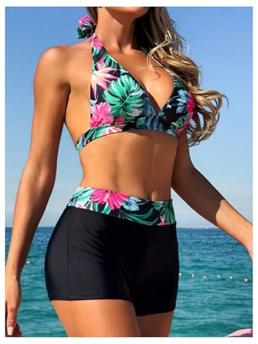 MakeMeChic Women's 2 Piece Bikini Sets Tropical Print Halter Tie Back Summer Bathing Suit2