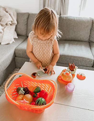 NextX Pretend Play Food Toys for Girls and Boys, Kitchen Cutting Fruits & Vegetables Set with Storage Basket for Kids