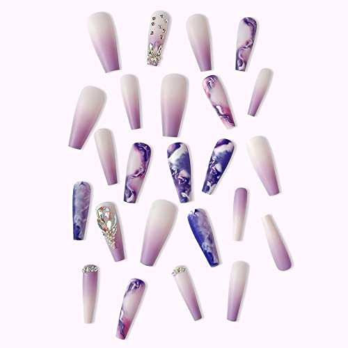24 Pcs Press On Nails Long, Violet Fake Nails Purple Press On Nails Full Cover False Nails With Rhinestone Designs Extra Long Glue On Nails Acrylic Nails For Women And Girls #TOP4