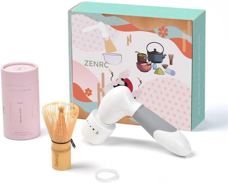 Matcha Whisk Mate Electric Powered and Bamboo Matcah Chasen Set - Whisking Traditional Matcha Easily - Battery Portable Matcha Stirer Mixer Tea Machine Nice Matcha Set Gift Kit (White-Mate-2)