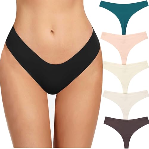 5 Pack Thongs for Women No Show Comfort Ladies Underwears Workout Breathable Invisible Undies V-waisted Sexy Stretch Liners Panty Soft No Line Seamless Moisture Micking G-String Purple Medium