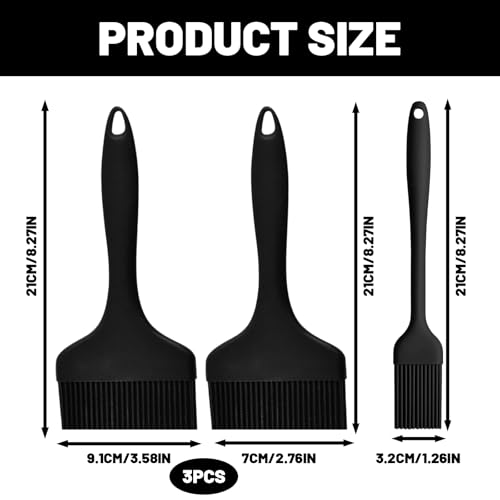 Backpinsel Silikon, 3er Set Schwarz Silikonpinsel Küche, Hitzebeständige Backpinsel für Grillen und Kochen, Verschiedene Größen 21 * 9,1/21 * 7/21 * 3,2 cm, silikon pinsel