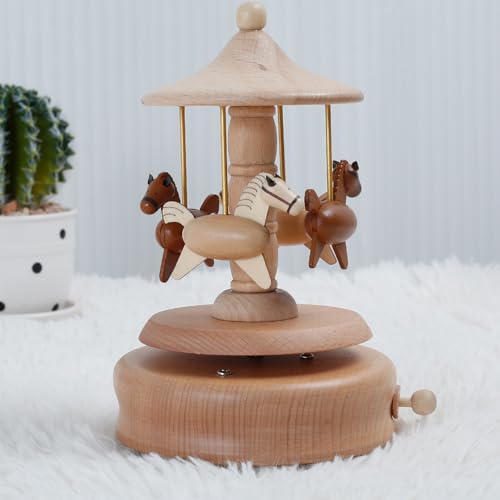 Littleduckling Carillon in legno di faggio, stile retrò, carosello musicale fatto a mano, carillon con cavalli, regalo per bambini, compleanni, anniversari, Natale, decorazioni per casa e ufficio