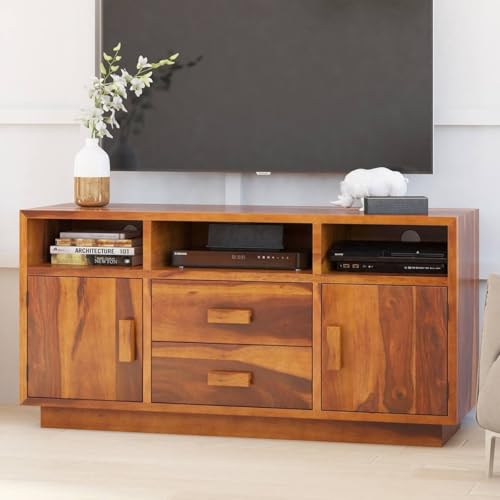 Image of Solid Wood TV Unit for Living Room 55 Inch Furniture - Wooden TV Unit with Storage Cabinet with 2 Drawr, 7 Shelves Wooden TV Cabinet for Living Room - Fits up to 55-Inch TV (Barrett)
