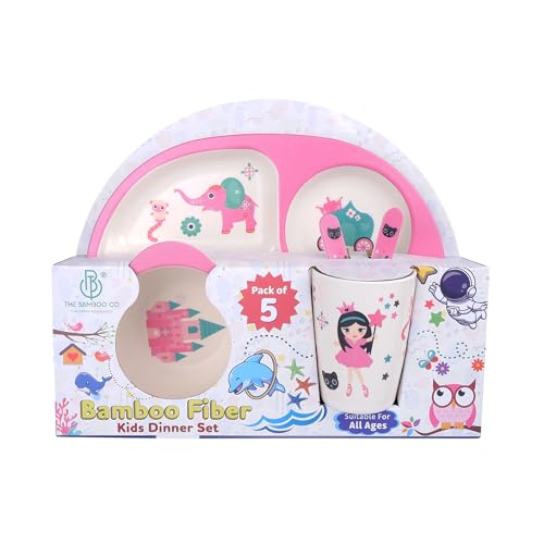 Image of Bamboo Kids Feeding Set of 5| Kids Crockery Set Tableware |Baby Utensils and Dishes Set | Eco-Friendly |Organic & Natural (Princess' Castle)