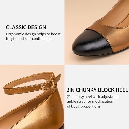 Trary Women's Pumps Shoes,White Nude Gold Heels,Closed Toe Heels for Women,Chunky High Heels for Women,Cap Toe Pumps Shoes,Casual Wedding Dress Shoes for Women3