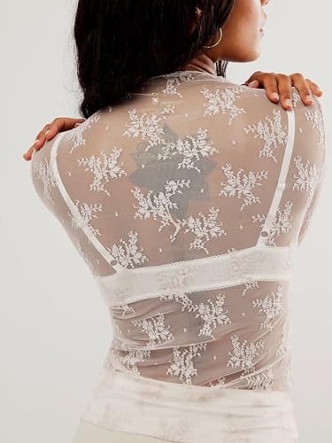 Image of JOKELAMB Women's Lace Mesh Bolero Shrug, Long Sleeve Crop Cardigan | Lace, Long Sleeve, Y2K, Floral,Adds Elegant Arm Coverage for Camisoles Dresses