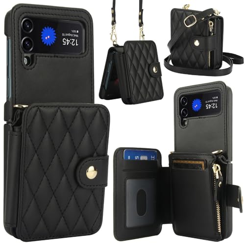 Étui en cuir Galaxy Z Flip 4 noir avec fente carte et sangle