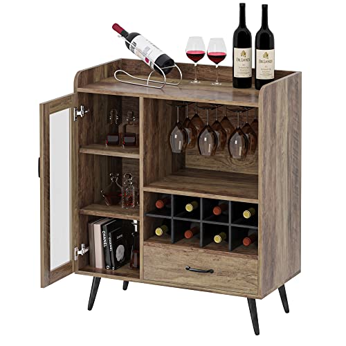 sogesfurniture Cave à vin avec casier à vin et Porte-Verre intégrés, Buffet en Bois, Buffet avec tiroir et Porte en Verre, Rangement de vin pour Cuisine, Salle à Manger, Bar, 75 x 40 x 92 cm
