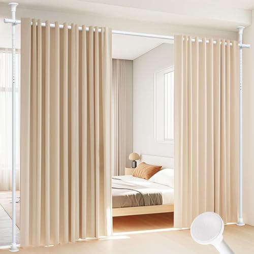 Dsocool Room Divider Curtain Rod No Drilling Room Separator for Space Partition Adjustable 122-305cm(H) 70-177cm(W) Heavy Duty Temporary Wall Divider Floor to Ceiling Tension Rod White