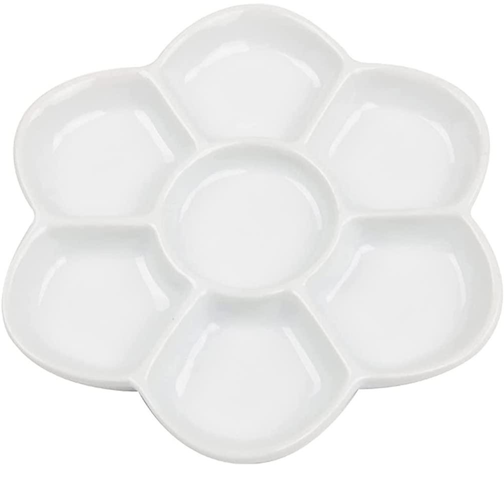 feedal 7'' Porcelain Ceramic 7 Well Daisy Shaped Watercolour Paint Mixing Palette Artist Paint Palette for Water, Oil or Acrylic Colour