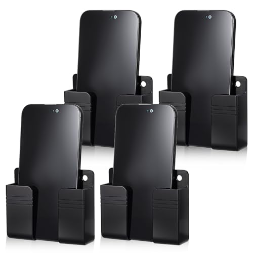 Gjinxi 4 Pack Wall Mounted Phone Holder, Phone Stand Self Adhesive with Charging Hole, Compatible with iOS and Android Phone Cradle Bedside Organizer Remote Control Stand for Home Office