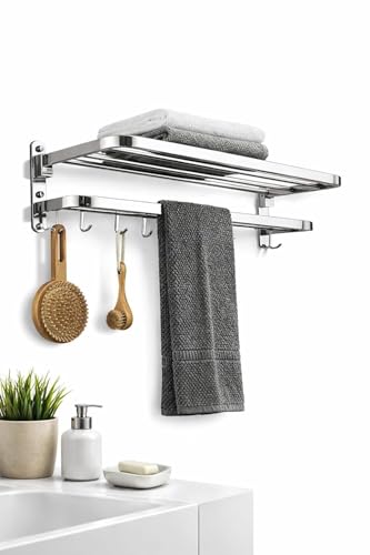 Image of Natheeph Towel Holder in Bathroom,(Silver) - Towel Hange Round Edges Stainless Steel Foldable, Rustproof Wall Mounted Bathroom Shelf with Hooks, Heavy Duty Bathroom Accessories