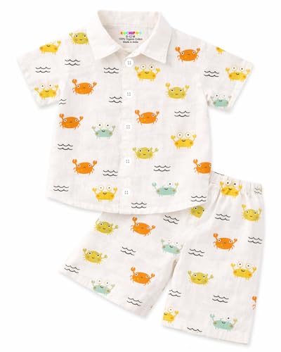 Image of Kuchipoo Boys 100% Muslin Organic Cotton Co-Ord Set | Printed Half Sleeve Shirt & Shorts | Soft Breathable Fabric | Casual Summer Wear | Boys Stylish Outfit