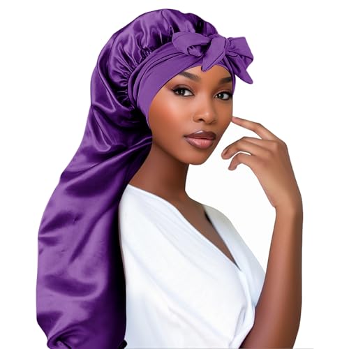 Adorila Extra Long Satin Bonnet for Women Adjustable Braid Bonnet with Tie Band, Double Layer Elastic Silk Headwear, Purple, One Size