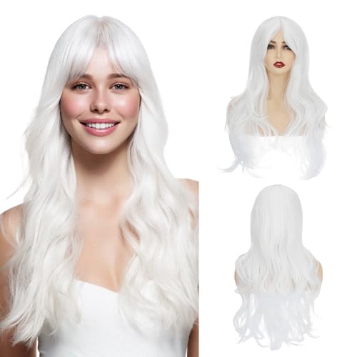 MY-LADY White Wig with Side Side Bangs Long Wavy Cosplay Wig for Women Natural Hair 24 Inch Synthetic Hair for Girls Daily Party Halloween
