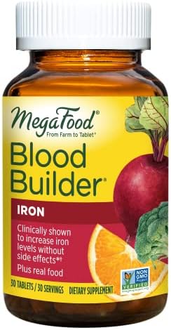 MegaFood Blood Builder - Iron Supplement Shown to Increase Iron Levels without Nausea or Constipation - Energy Support with Iron, Vitamin B12, and Folic Acid - Vegan - 30 Tabs