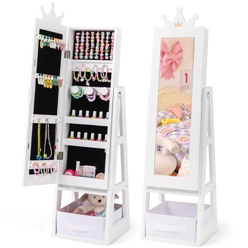 CHARMAID Kids Jewelry Cabinet - 45.5'' Standing Jewelry Armoire with Full Length Mirror, Storage Drawer and Back Shelf, Kids Jewelry Organizer Box Vanity Dressing Mirror for Girls (White)