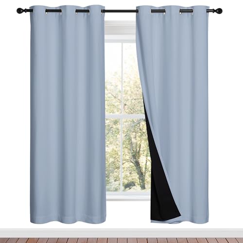 Image of NICETOWN 100% Blackout Window Curtain Panels, Vintage Blue, 2 Pieces, 42-inch Wide Per Panel, Full Light Blocking Drapes with Black Liner for Nursery, 72-inch Drop Thermal Insulated Draperies