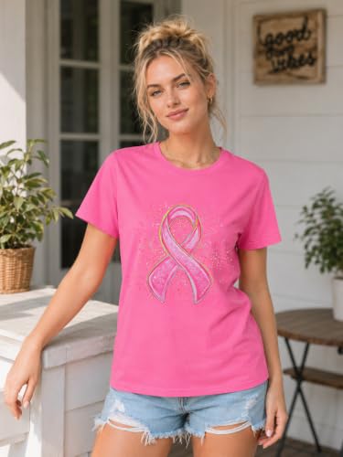 Image of Breast Cancer Shirts for Women Pink Ribbon Shirt Breast Cancer Survivor Tee | Pink Breast Cancer Shirt In October We Wear Pink Tee Breast Cancer Awareness Shirts Halloween Ghost Graphic Short Sleeve Top