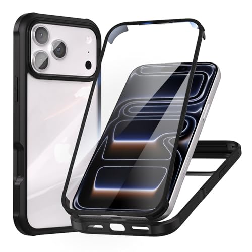 MQman iPhone17ProMax 用 ケース 両面透明 前面ガラス+背面PCプレート 360°全面保護 100%画面タッチ感度 耐衝撃 強化ガラス フロント+バックプレート 軽量 ワイヤレス充電対応 前後 両面 カバー (ブラック, iPhone1