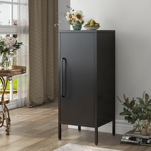 PEROKIER Metal Storage Cabinet with Door & 2 Adjustable Shelves 39.5 Small Storage Cabinet with Magnetic Closure for Home Office Garage Kitchen (Black)
