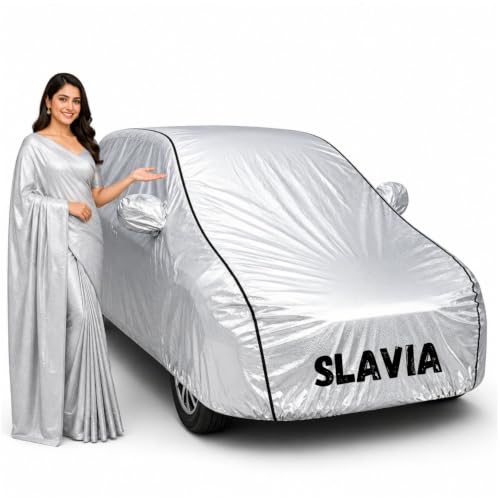 Image of Waterproof Car Body Cover for Slavia All Weather Protection Comes with Inner Cotton Lining & Triple Stitched with Mirror & Antenna Pocket Belt & Elastic Fit Metallic Silver with Black Piping1