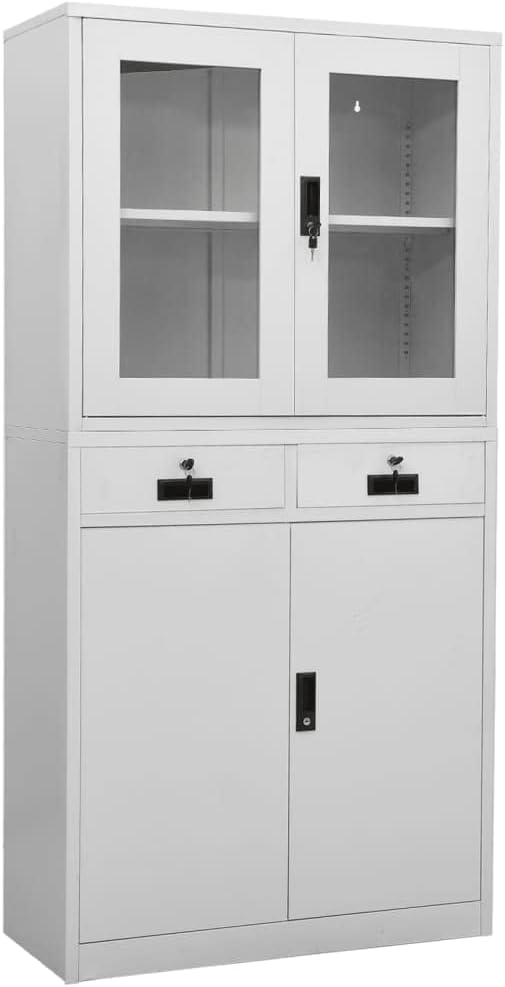 Modern Office Cabinet, Tall Free Standing Storage Cabinet with 4 Drawers 2 Tempered Glass Doors, Storage Organizer for Living Room Hallway Light Gray 35.4"x15.7"x70.9" Steel