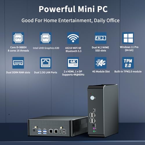 Mini PC i9, Small Desktop Computer Core i9-9880H, Upto 4.8GHz, Win-11 Pro (TPM2.0), 32G DDR4, 1T NVME SSD, Triple Display 4K@60Hz, HDMI/DP, Dual 2.5G LAN, USB-C, WiFi 6E, BT 5.3, VESA - Image 4