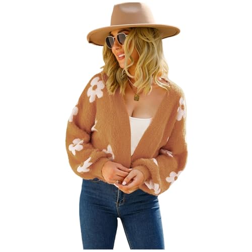 HEYPORK Damen Herbst Winter Warm Bequem Pullover Casual Mode Strickjacke Strickpullover Frauen Strickjacke StraßE Hipster Kurz Gestrickt Blumen Pullover(A Braun, M)
