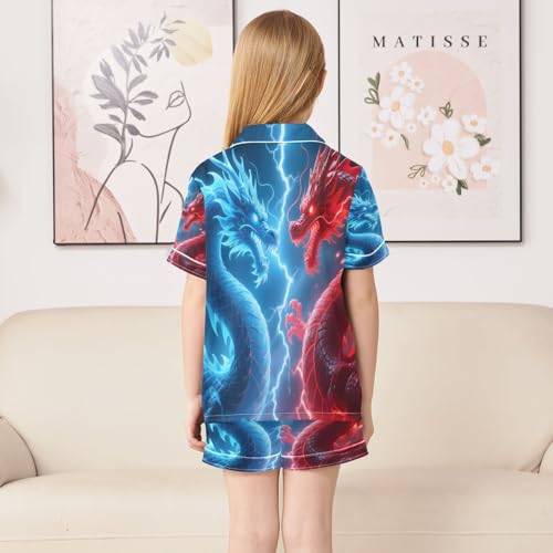 ALAZA Blue Red Dragon Magic Satin Pajamas Set Short Sleeve Button Down Sleepwear Summer Pjs 2 Piece4