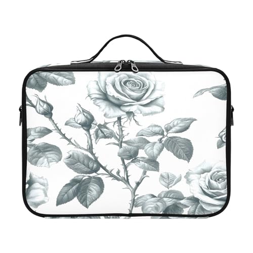 zyrtty Travel Makeup Train Case Black Grey Leaves Flower Cosmetic Organizer Portable Storage Bag with Adjustable Dividers for Cosmetics Brushes Toiletry Jewelry Digital Accessories