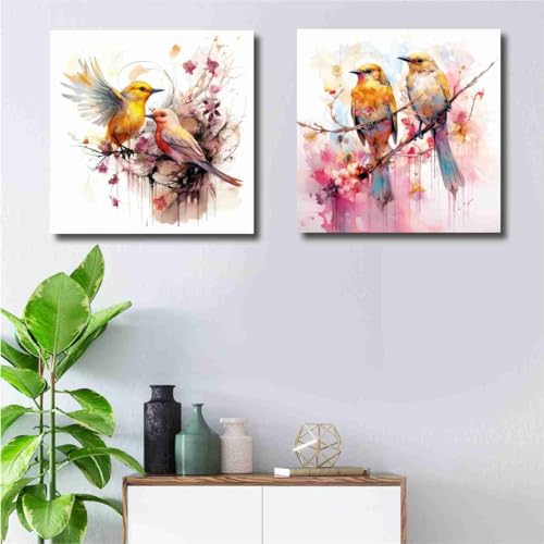 Livin'luxe paintings set of 2 Bird sitting on tree modern art canvas home decor wall paintings with frame painting for living room wall decoration office 12 inch x 12 inch CR-175