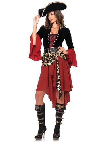 Leg Avenue Women's 2 Pc Cruel Seas Pirate Captain Dress Adult Sized Costumes, Black/Burgundy, Large US