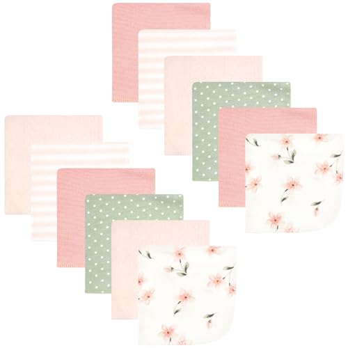 Image of Hudson Baby Unisex Baby Flannel Cotton Poly Washcloths, Pink Dainty Floral 12 Pack, One Size