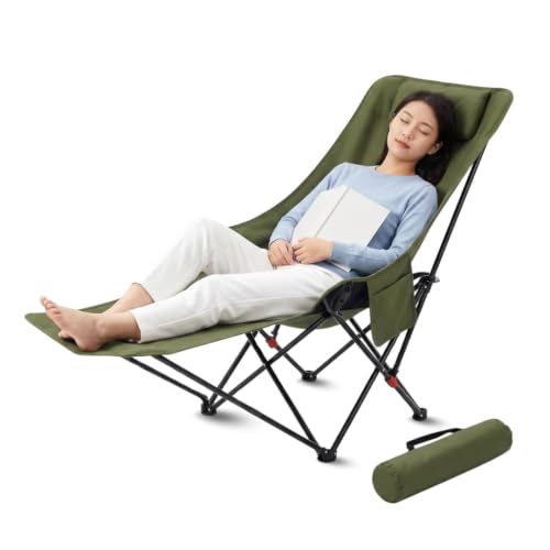 Image of Folding Reclining Lounge Chair with Adjustable Backrest, Metal Frame & Fabric Seat | Portable Outdoor Camping Chair with Carry Bag for Patio, Garden & Travel