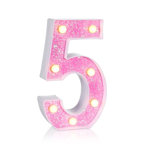 Foaky Pink Light up Letters，Pink Party Decorations,Girls Room Decor,Glitter Marquee Numbers,Alphabet Letter Sign for Night Light Birthday Party Girls Gifts, Home Bar Decoration (5)