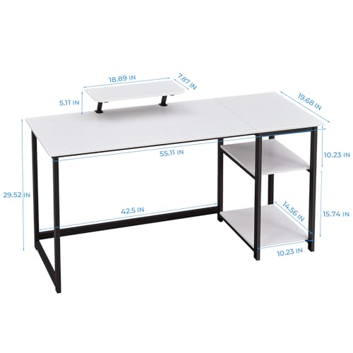 Image of GreenForest Computer Home Office Desk with Monitor Stand and Reversible Storage Shelves,55 inch Modern Simple Writing Study PC Work Table,White