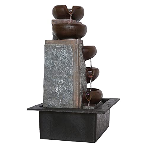 Image of Polyresin Table Top Designer Indoor 5 Artistic Steps Water Fountain for Living Room Home Decor with Yellow LED & Speed Controller Pump (Size: 40 x 29.5 x 22CM | Colour: Grey & Chocolate)