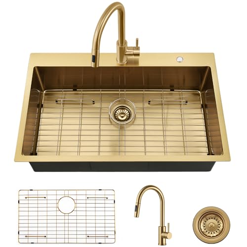 33 Inch Gold Drop In Kitchen Sink with Faucet Combo-VASOYO 33x22 Inch Gold Kitchen Sink with Faucet Combo Set Stainless Steel Deep Single Bowl Topmount Sinks and Faucets