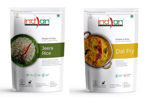 Image of Indian Kitchen Foods Freeze Dried Gluten-Free Ready to Eat Food | Instant Vegetarian Meal - Dal Rice Combo (2xJeera Rice and 2xDal Fry) Pack of 4