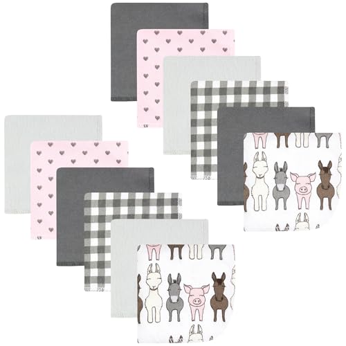 Image of Hudson Baby Unisex Baby Flannel Cotton Poly Washcloths, Farm Friends Pink 12Pk, One Size